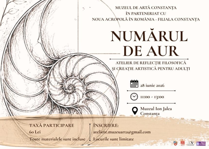Afiș pentru atelierul „De aur” de reflecție filosofică și creație artistică pentru adulți, la Muzeul „Ion Jalea” Constanța