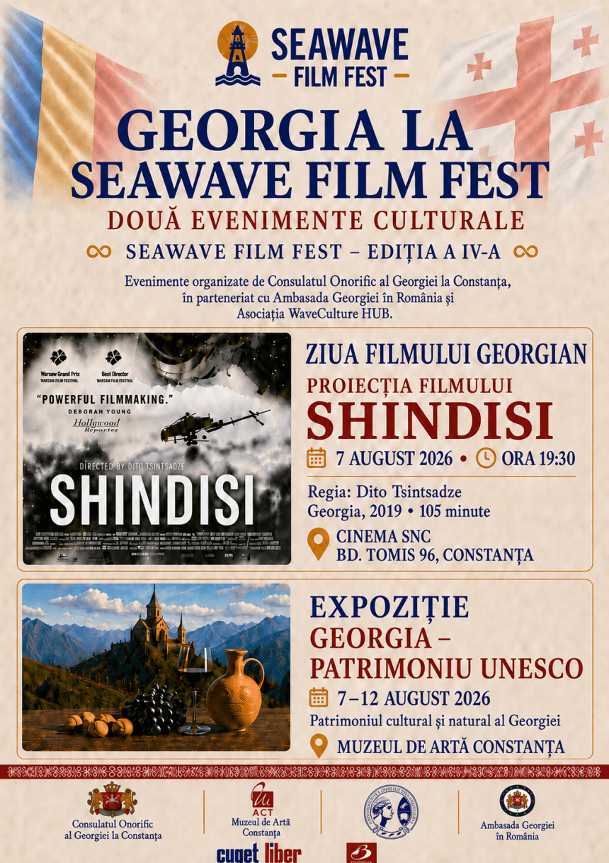 Afiș pe fundal cu steagurile României și Georgiei, cu logo-ul „Seawave Film Fest" (un far) și textul „Georgia la Seawave Film Fest — Două evenimente culturale, Seawave Film Fest Ediția a IV-a", organizate de Consulatul Onorific al Georgiei la Constanța