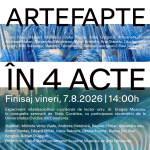 Afiș eveniment „ARTEFAPTE în 4 acte” la Muzeul de Artă Constanța, cu numele participanților și logo-urile partenerilor ACT, Peek&Cloppenburg, EMI și UNArte