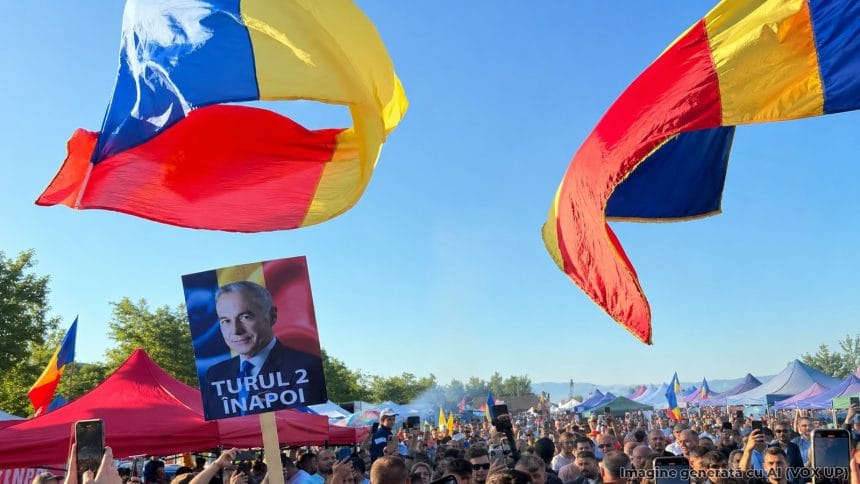 Ilustrație generată cu AI: mulțime la un miting cu steaguri românești și afiș cu mesajul „Turul 2 înapoi”