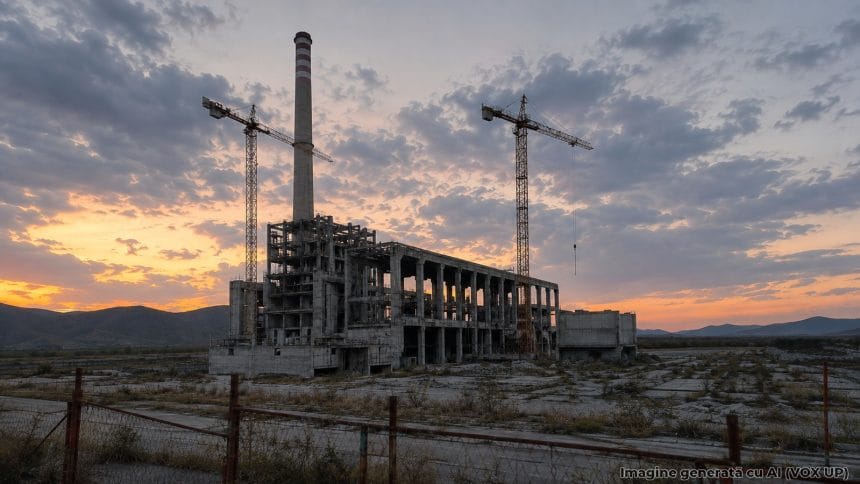 Ilustrație generată cu AI: o centrală pe cărbune abandonată, în construcție neterminată, la apus