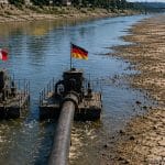 Ilustrație generată cu AI: conducte industriale pe malul unui râu secat